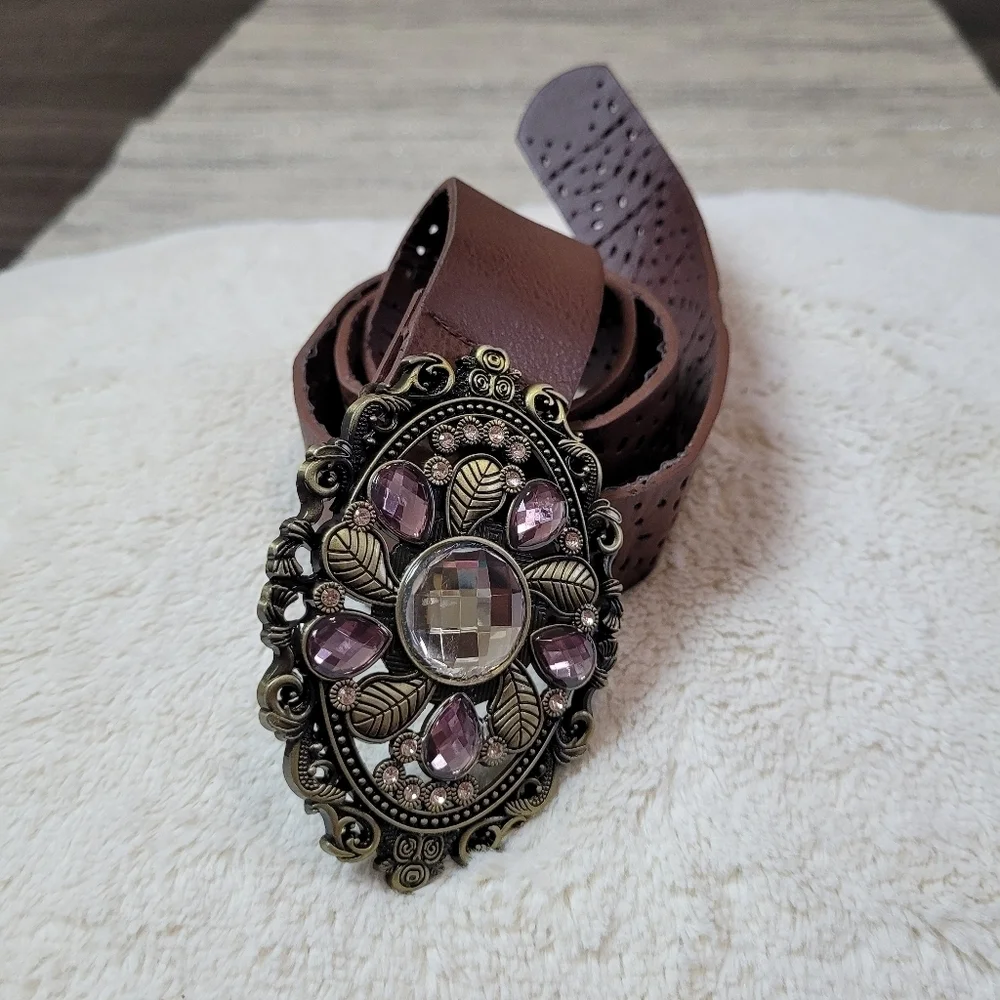 Vintage style brass bejeweled belt